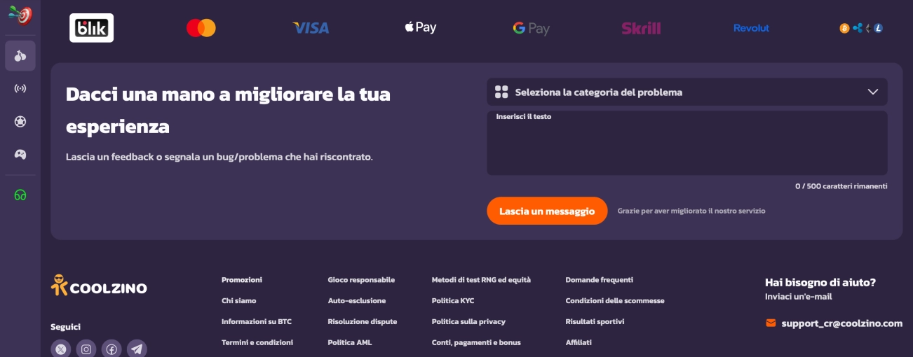 Modulo di contatto per assistenza sul sito Coolzino